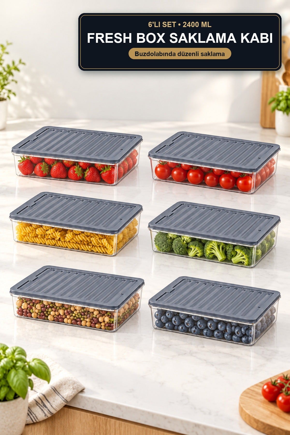 6'lı Fresh Box Saklama Kabı 2400 ml Dikdörtgen Kapaklı Buzdolabı Düzen
