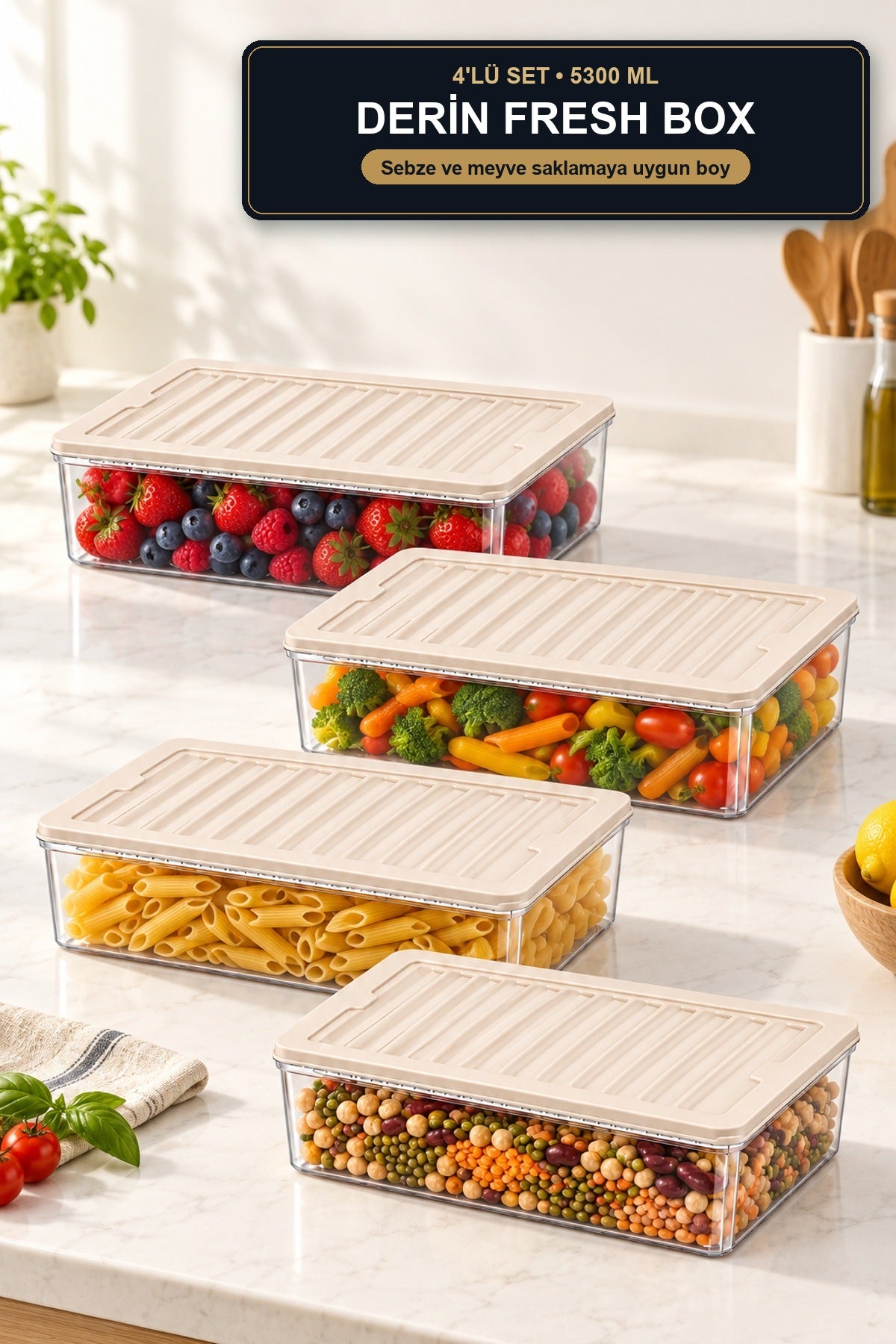 4'lü Derin Fresh Box Saklama Kabı 5300 ml Dikdörtgen Kapaklı Buzdolabı