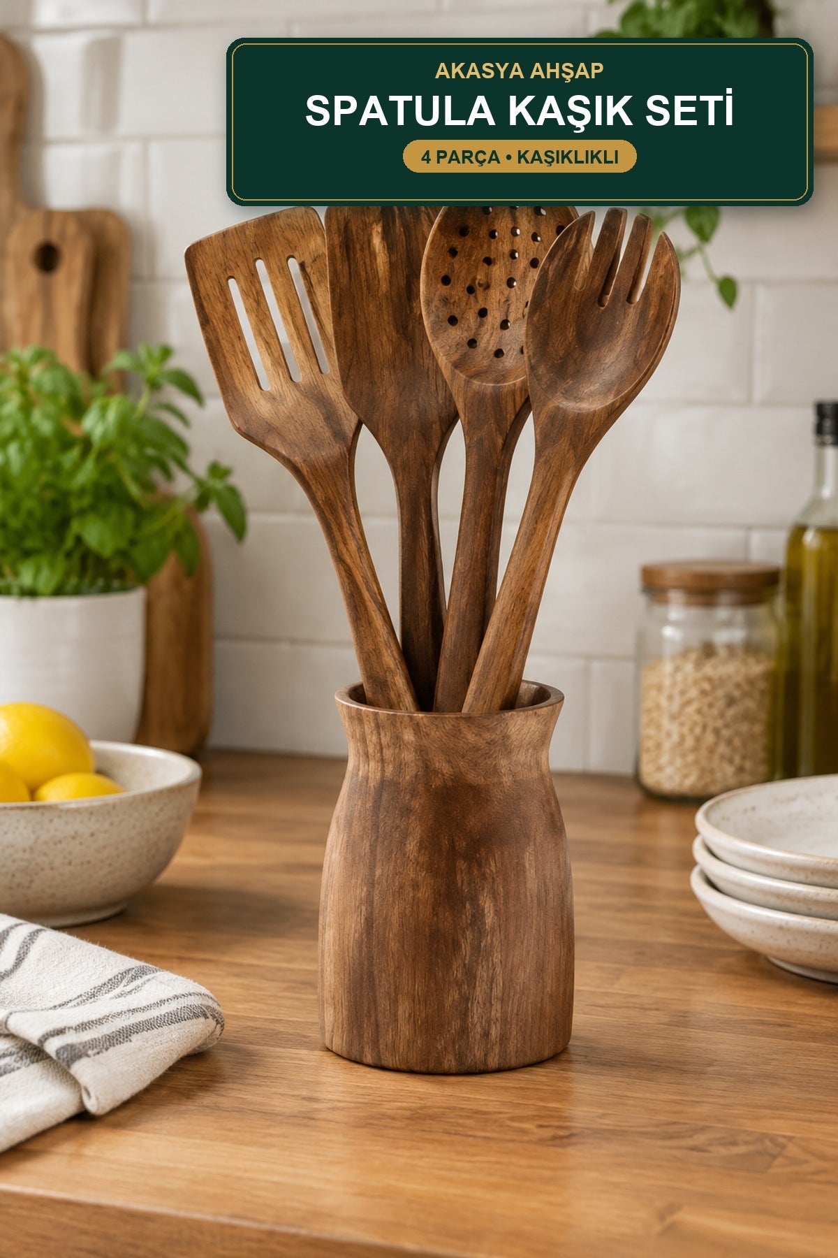 Akasya Ahşap Spatula Kaşık Seti 4 Parça Kaşıklıklı Delikli Spatula Kev