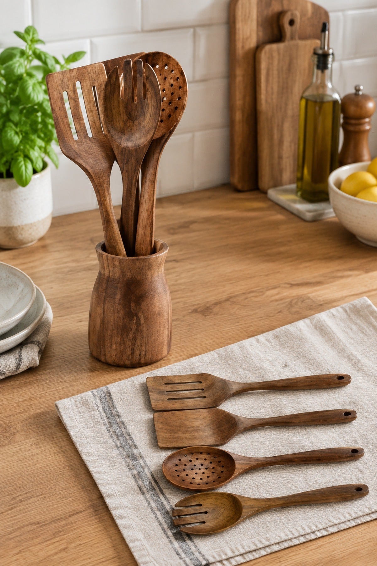 Akasya Ahşap Spatula Kaşık Seti 4 Parça Kaşıklıklı Delikli Spatula Kev
