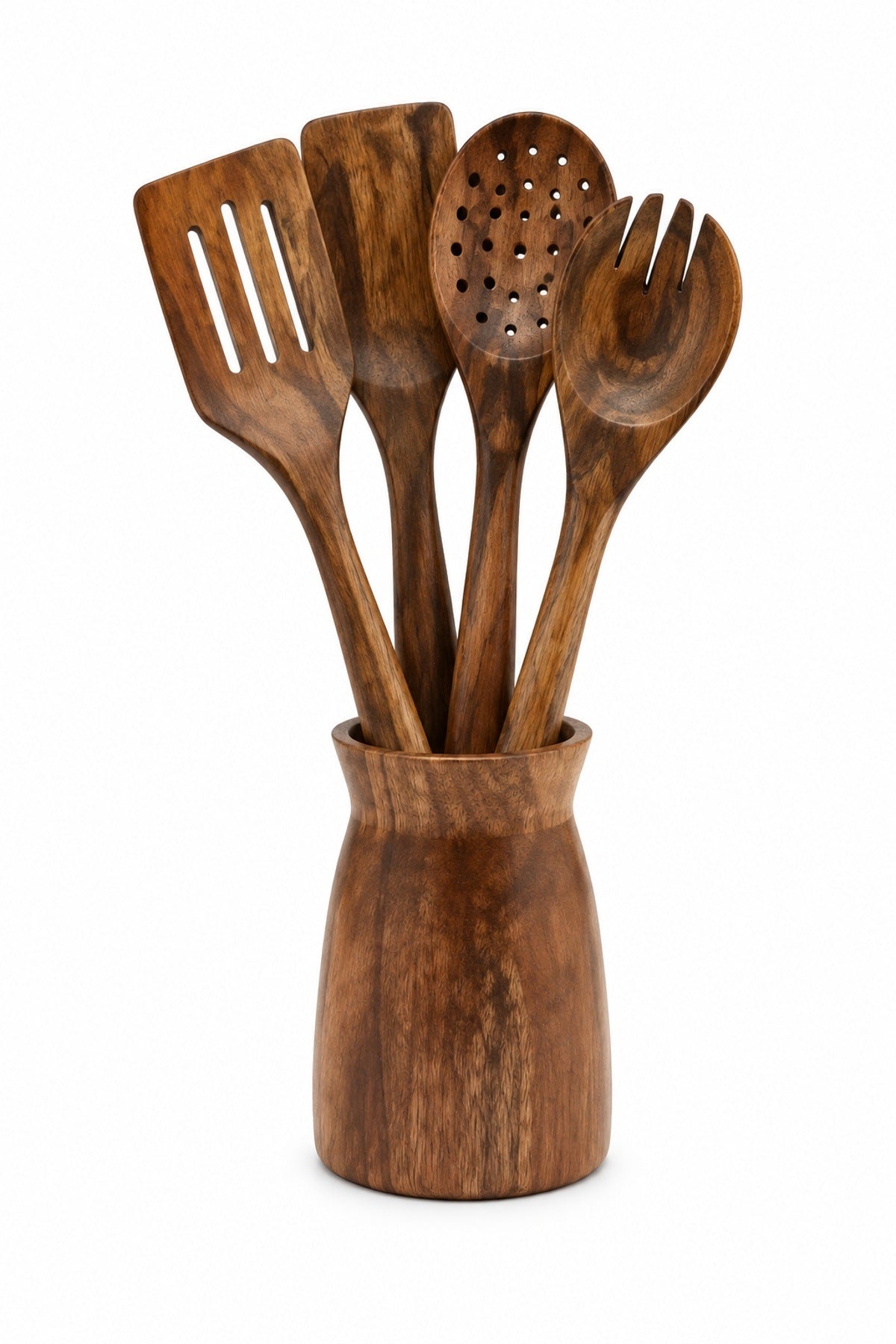 Akasya Ahşap Spatula Kaşık Seti 4 Parça Kaşıklıklı Delikli Spatula Kev