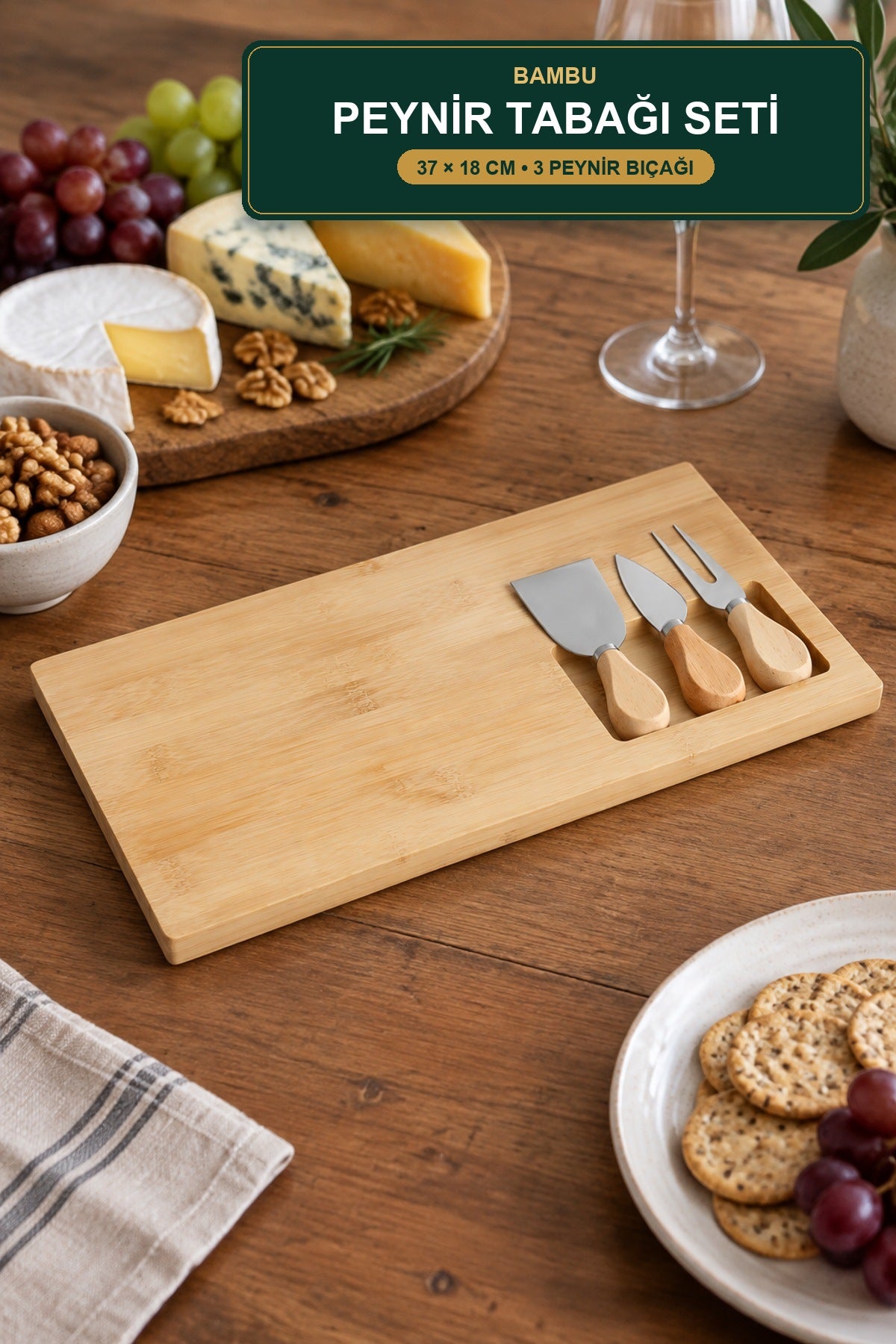 Bambu Peynir Tabağı Seti 37x18 cm 3 Peynir Bıçaklı Sunum ve Kesme Taht