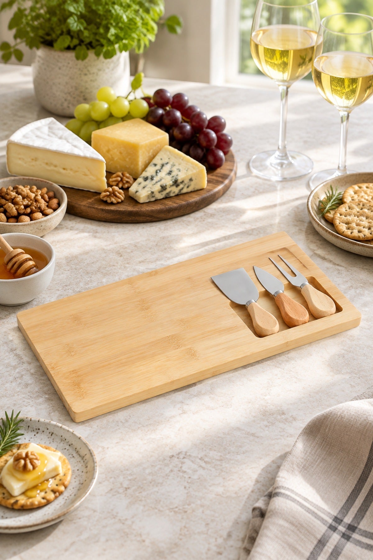 Bambu Peynir Tabağı Seti 37x18 cm 3 Peynir Bıçaklı Sunum ve Kesme Taht