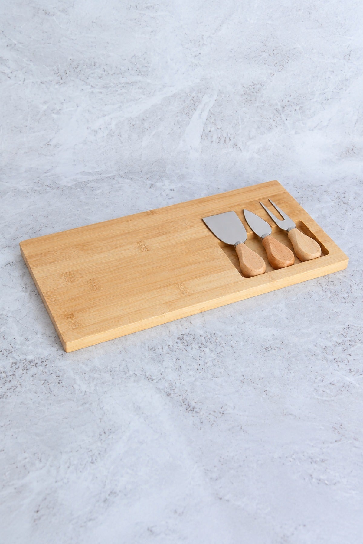 Bambu Peynir Tabağı Seti 37x18 cm 3 Peynir Bıçaklı Sunum ve Kesme Taht
