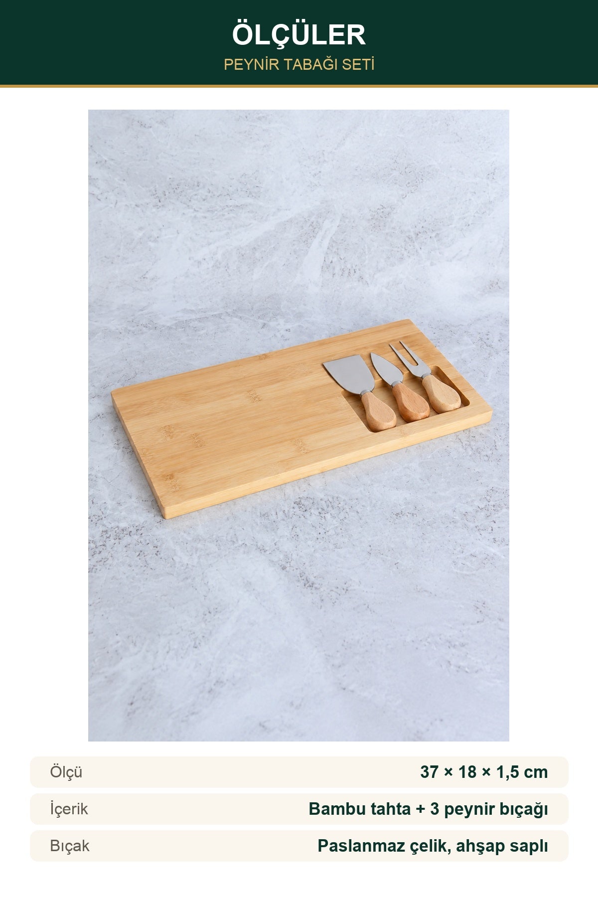 Bambu Peynir Tabağı Seti 37x18 cm 3 Peynir Bıçaklı Sunum ve Kesme Taht