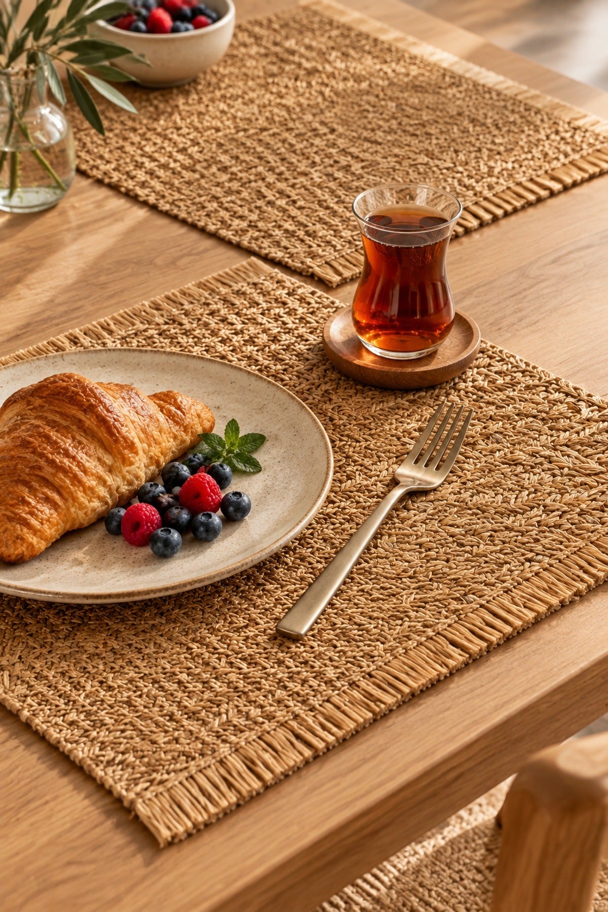 7 Parça Hasır Runner ve Amerikan Servis Seti Balıksırtı Desen 6 Kişili