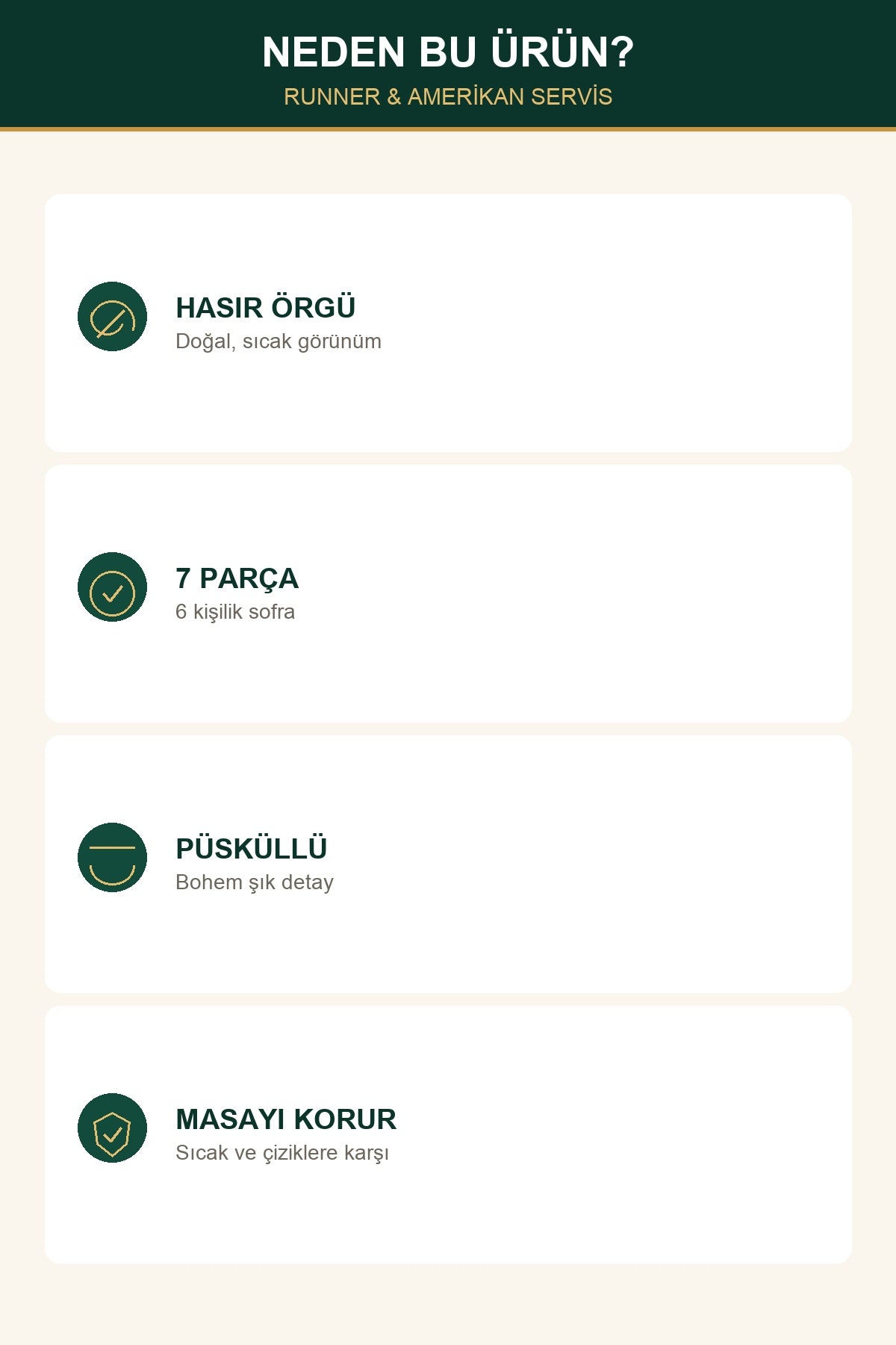 7 Parça Hasır Runner ve Amerikan Servis Seti Balıksırtı Desen 6 Kişili