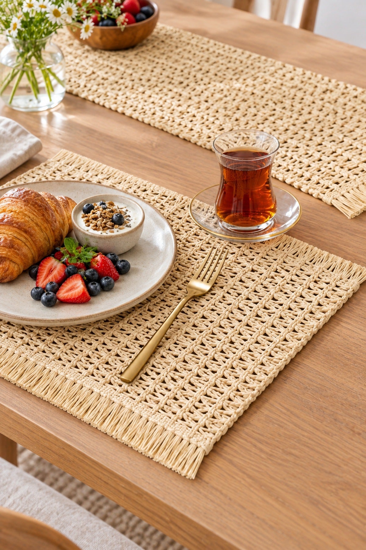 7 Parça Hasır Runner ve Amerikan Servis Seti İnce Örgü Desen 6 Kişilik