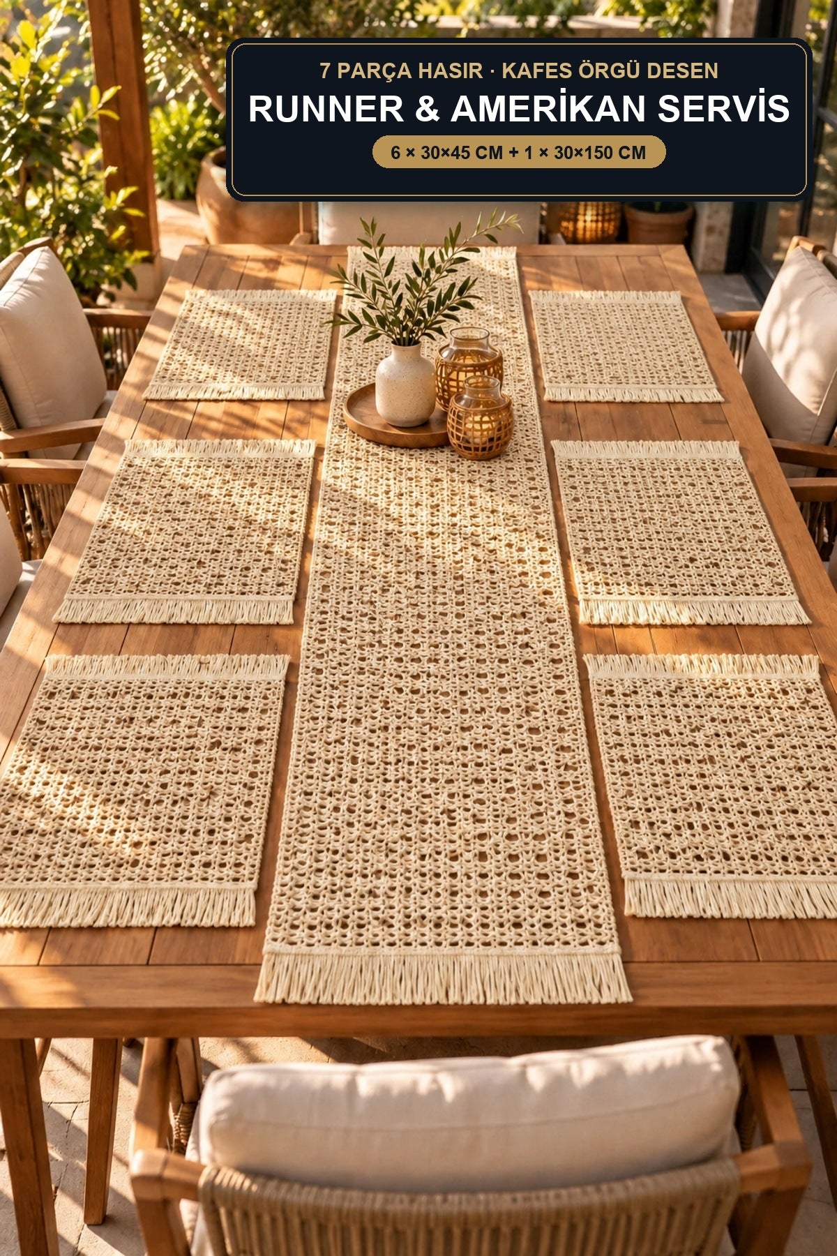 7 Parça Hasır Runner ve Amerikan Servis Seti Kafes Örgü Desen 6 Kişilik Püsküllü 30x45 30x1