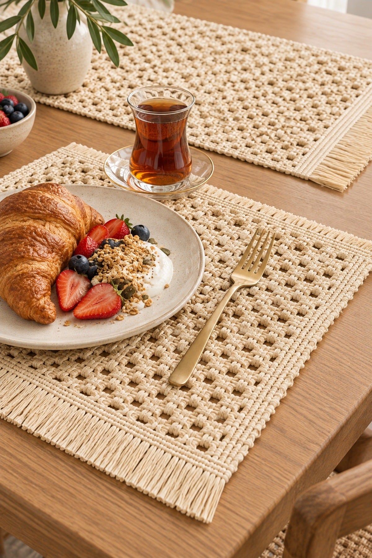 7 Parça Hasır Runner ve Amerikan Servis Seti Kafes Örgü Desen 6 Kişili