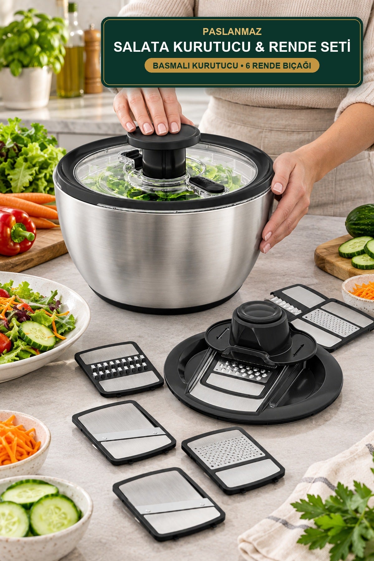 Paslanmaz Çelik Salata Kurutucu ve Rende Seti Basmalı Dilimleyici Kapa