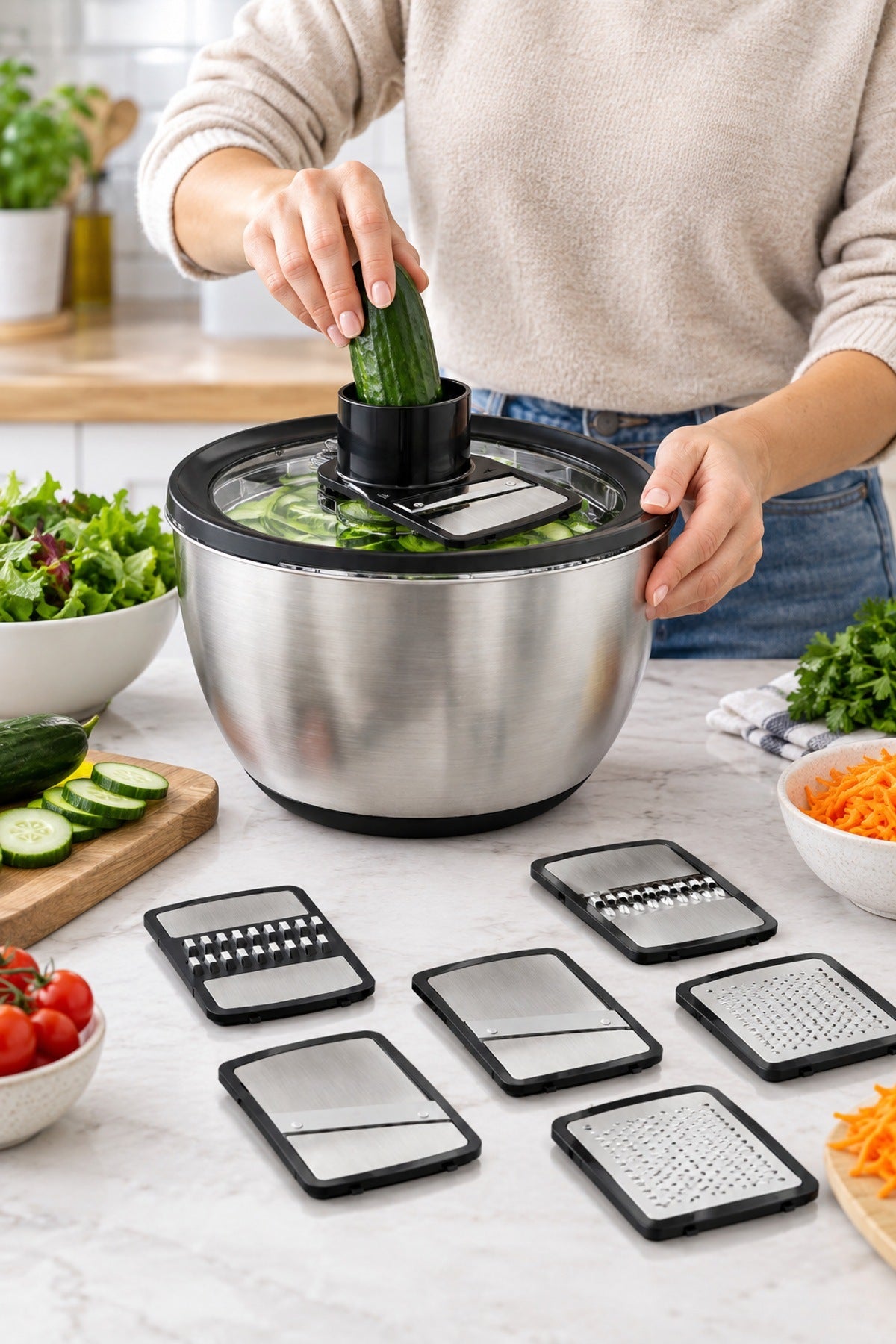 Paslanmaz Çelik Salata Kurutucu ve Rende Seti Basmalı Dilimleyici Kapa