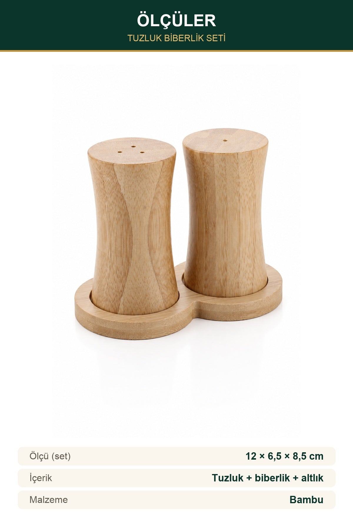 Bambu Tuzluk Biberlik Seti Altlıklı 2'li Ahşap Tuzluk 12x6,5x8,5 cm