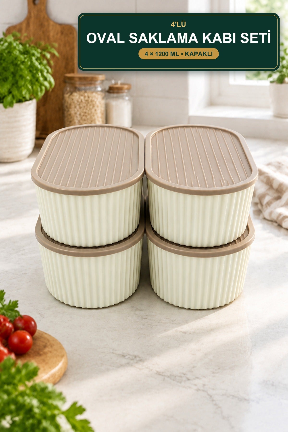 4'lü Oval Saklama Kabı Seti 1200 ml Kapaklı Çizgili Krem Latte