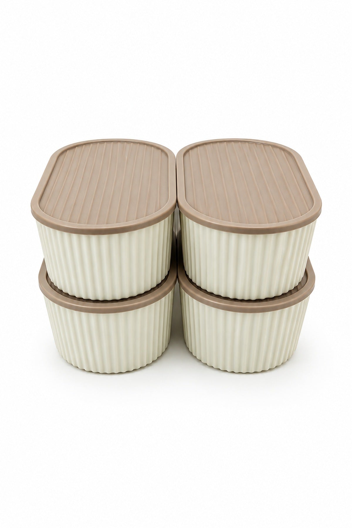 4'lü Oval Saklama Kabı Seti 1200 ml Kapaklı Çizgili Krem Latte