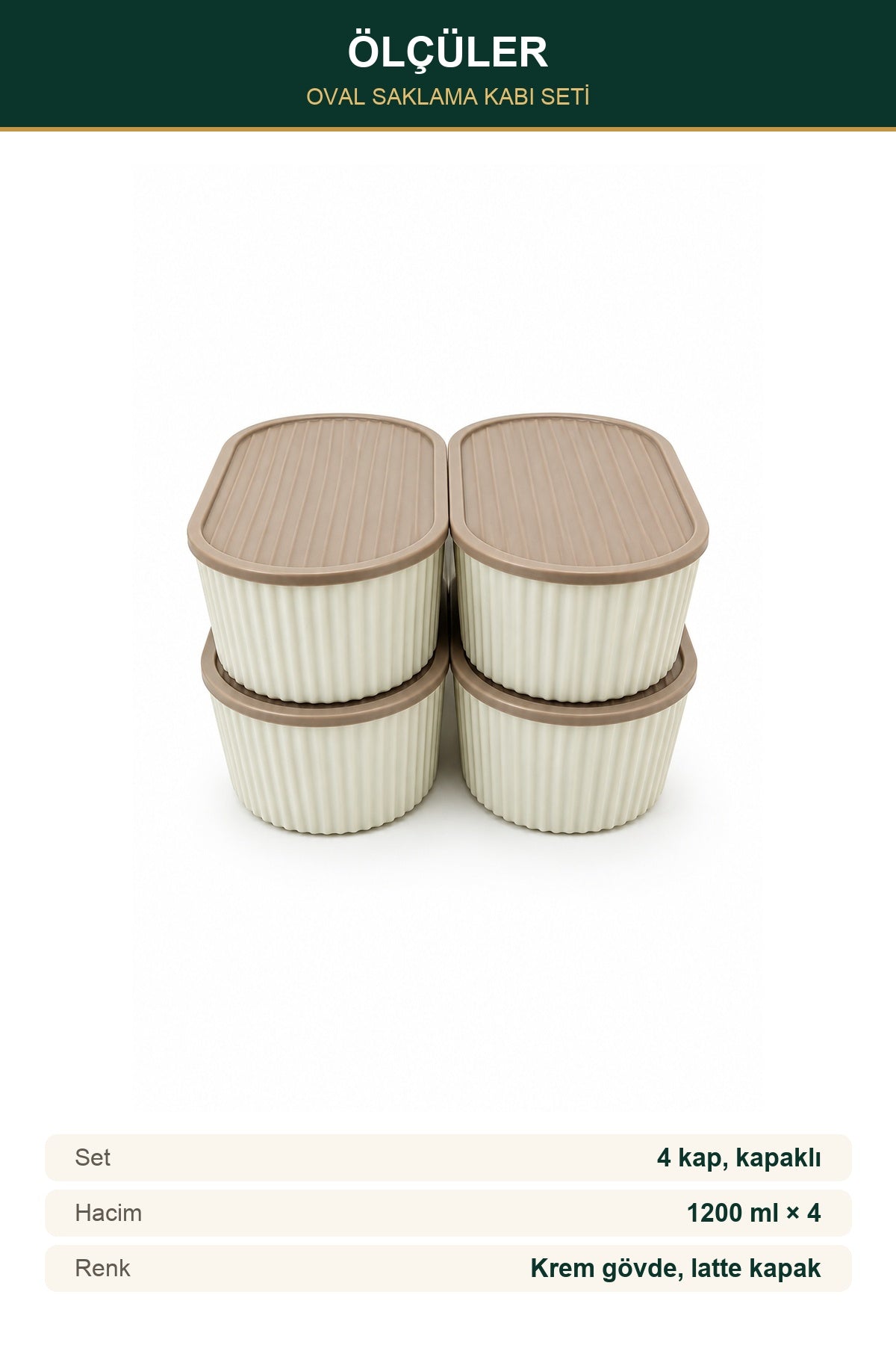 4'lü Oval Saklama Kabı Seti 1200 ml Kapaklı Çizgili Krem Latte