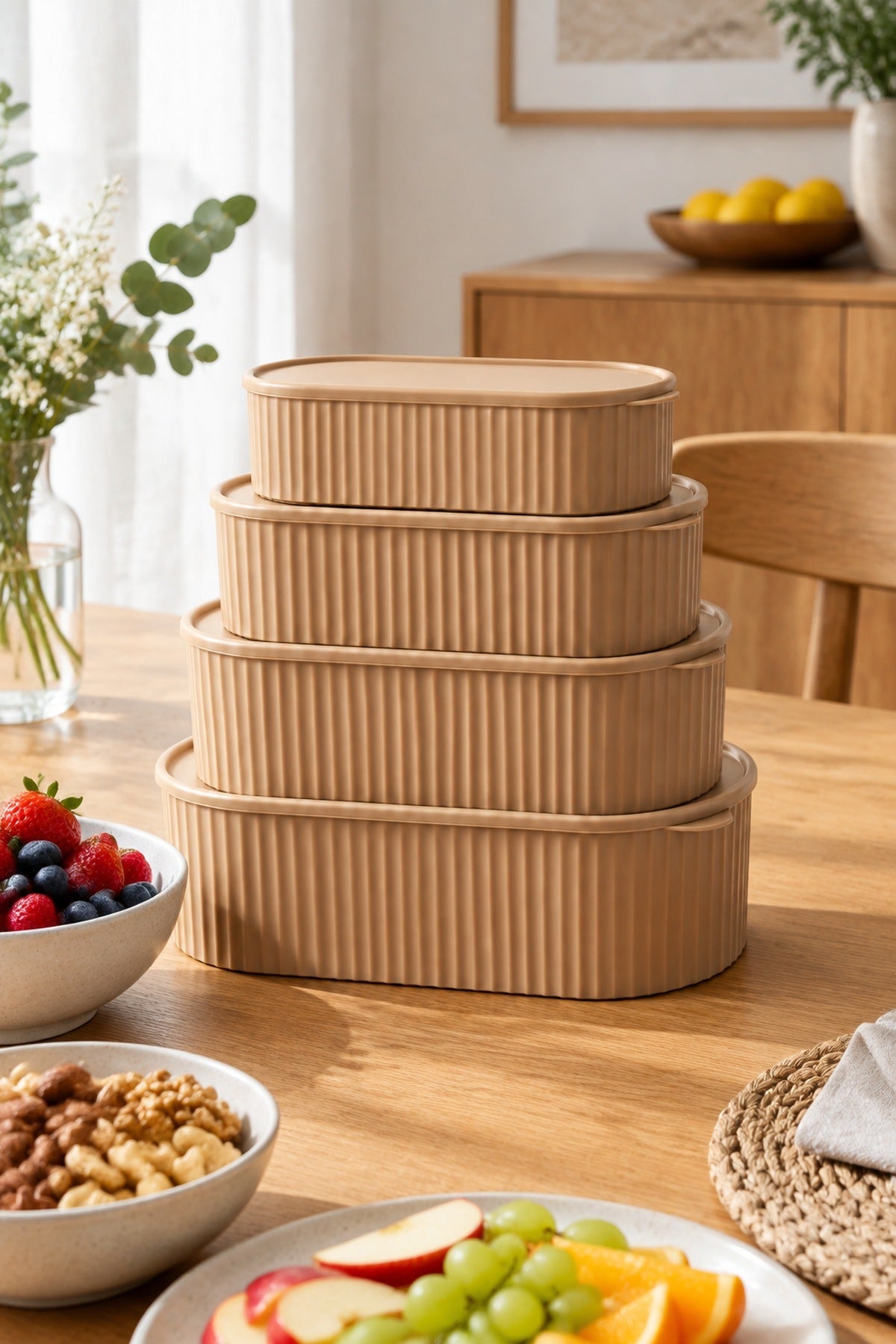 4 Boy Manolya Saklama Kabı Seti Toplam 4400 ml Oval İç İçe Geçen Latte