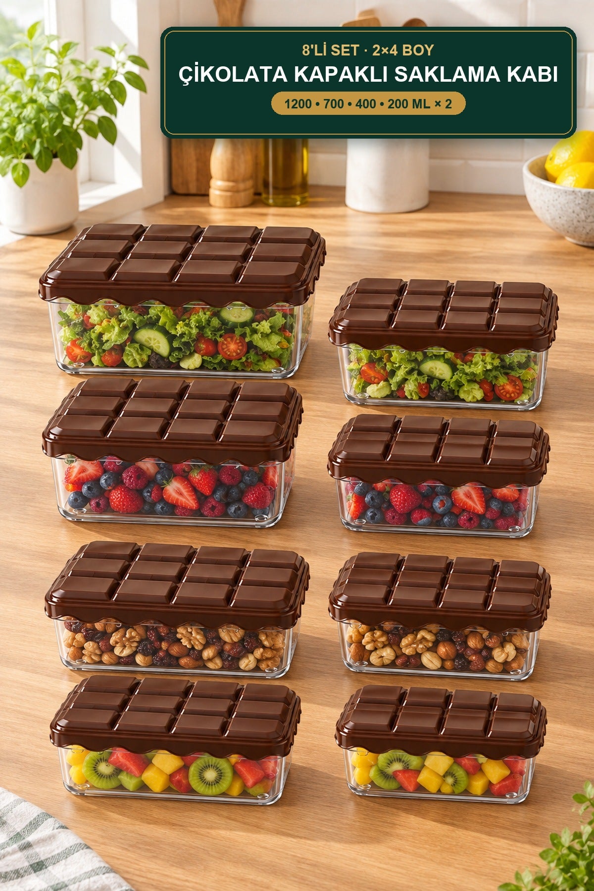 8'li Çikolata Kapaklı Saklama Kabı Seti 2x4 Boy 1200 700 400 200 ml Şe