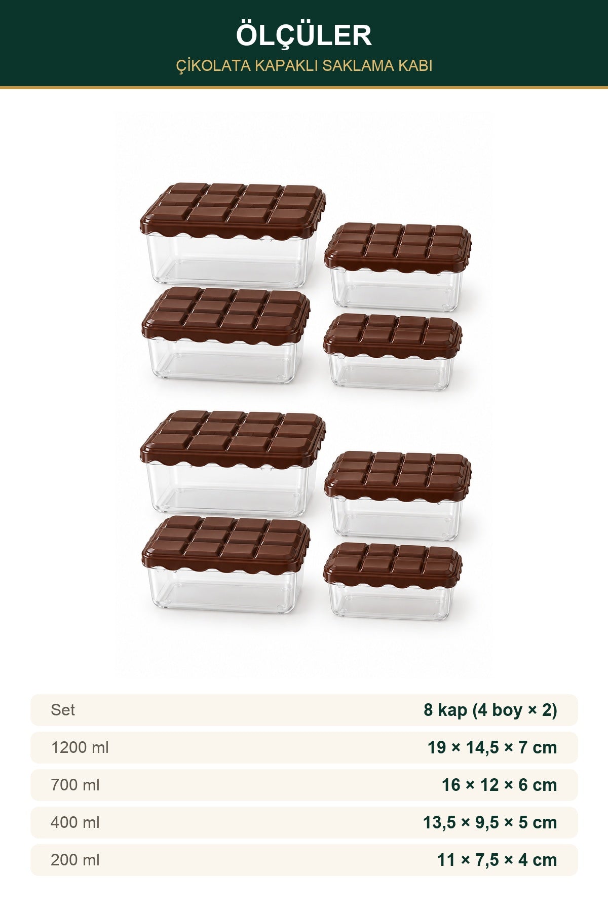 8'li Çikolata Kapaklı Saklama Kabı Seti 2x4 Boy 1200 700 400 200 ml Şe