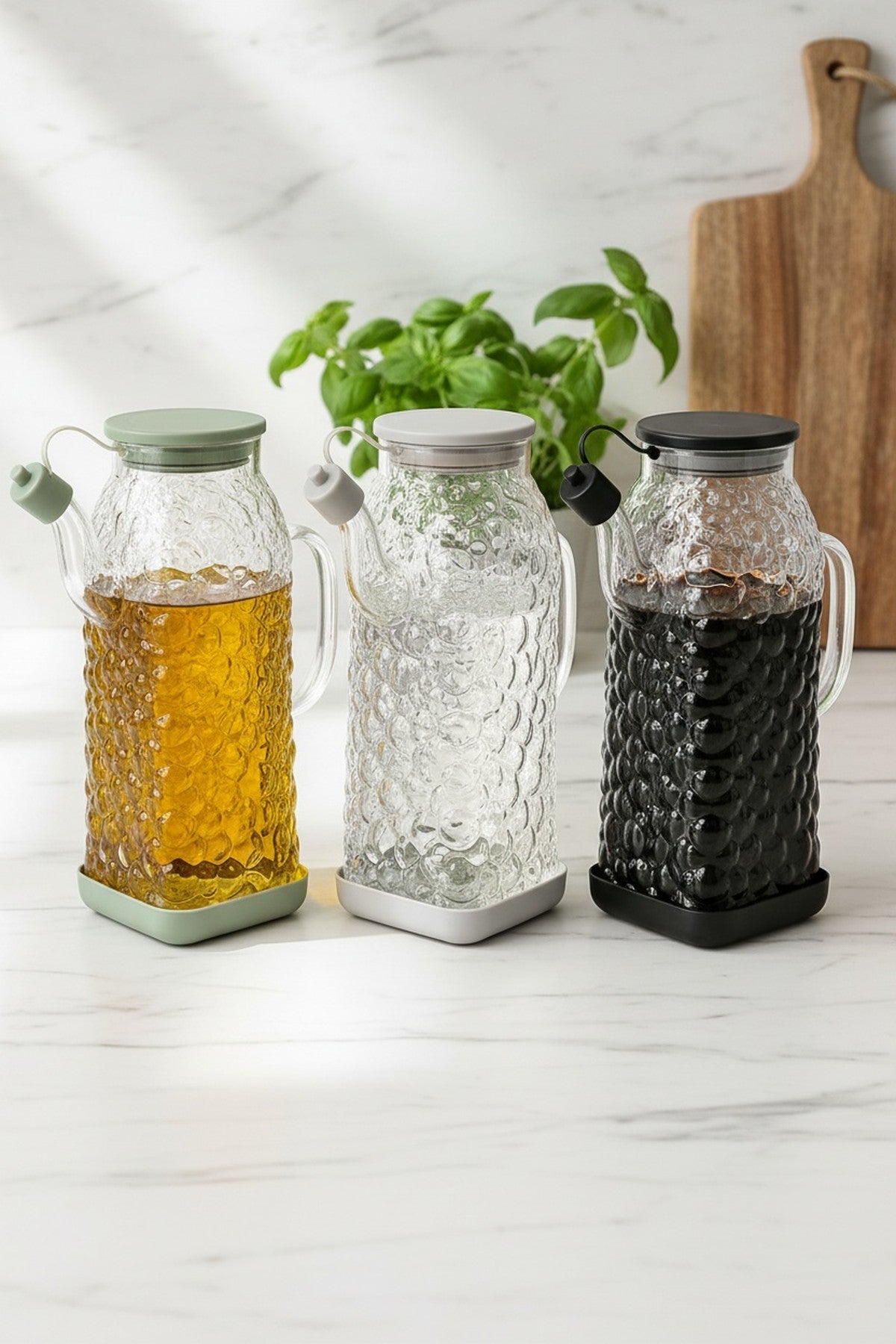 3'lü Cam Yağlık Sirkelik Seti 1000 ml Kapaklı Emzikli – mutfak kullanımı